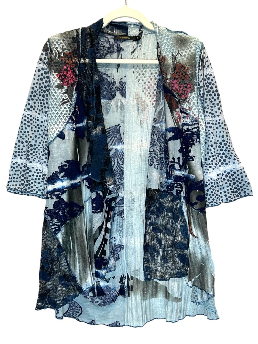 Radzoli Blue Artsy Mixed Fabric Open Cardigan w/ High-Low Waterfall Hem - Medium